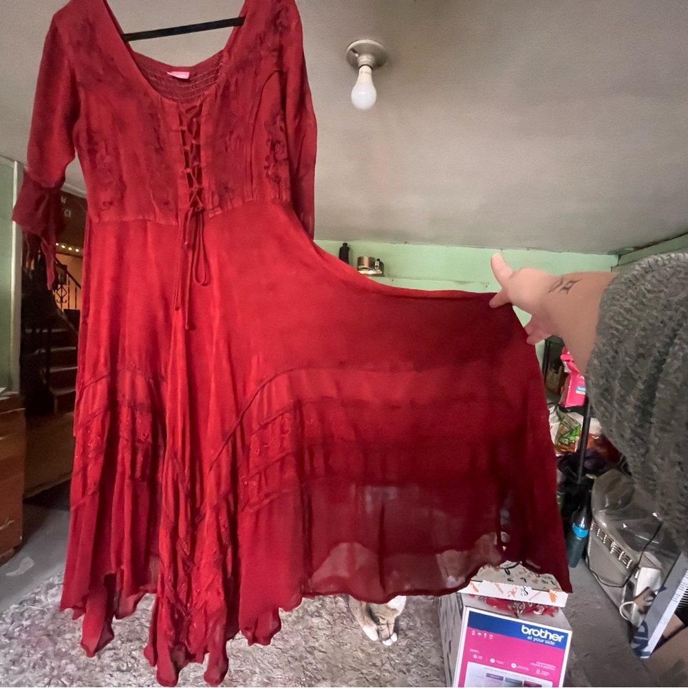 Bohemian / Indian Style Lace-Up Red Maxi Dress